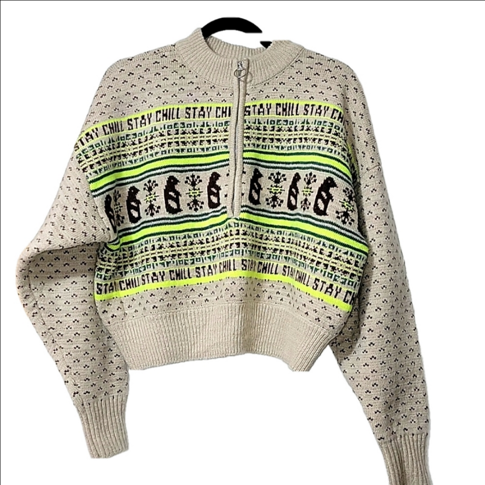 BDG UO Cropped Boxy 1/2 Zip Penguin sweater, Cream, Brown, Chartreuse, Size L